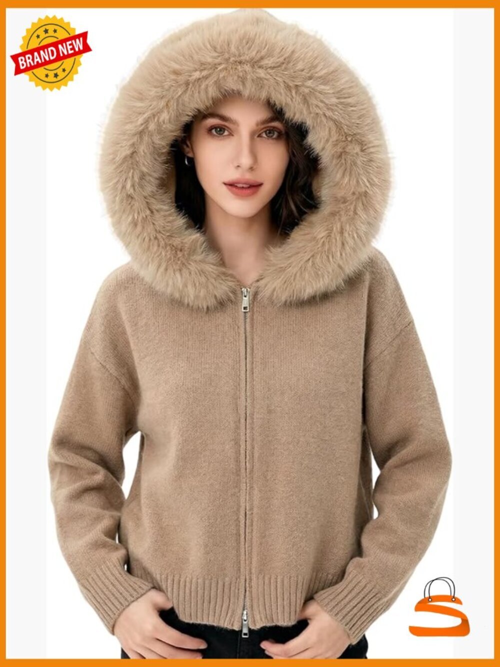 Faux Fur Trim Zip Up Hoodie Cardigan Y2k Knit Sweater Long Sleeve Slim Fit